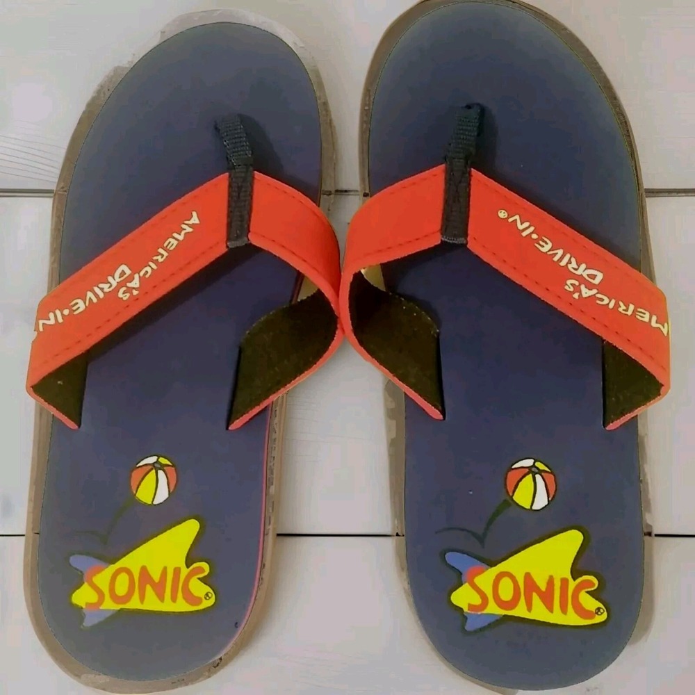 Sonic Drive In Flip‎ Flop Sandals Medium Size 4-6 Red Blue Yellow Logo